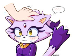 Rule 34 | 1girl, animal ears, blaze the cat, blush, cat ears, cat girl, cat tail, ear wiggle, eyelashes, forehead jewel, furry, furry female, gold necklace, highres, hobi (4622j), jacket, jewelry, necklace, petting, purple fur, purple jacket, simple background, sonic (series), sweatdrop, tail, white background, yellow eyes