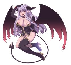 Rule 34 | 1girl, arm up, asymmetrical legwear, bare shoulders, boots, breasts, collar, commentary request, demon girl, demon horns, demon tail, demon wings, elbow gloves, fang, full body, gloves, hair between eyes, hair ornament, hairclip, hanauna, heart, heart pasties, horns, large breasts, light purple hair, long hair, looking at viewer, open mouth, original, pasties, pink eyes, pointy ears, salute, simple background, single thigh boot, solo, tail, thigh boots, thighhighs, transparent background, uneven legwear, white background, wings