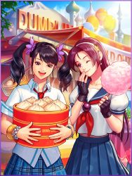Rule 34 | 2girls, amusement park, asamiya athena, balloon, black hair, bracelet, brown eyes, building, cotton candy, crossover, dumpling, eating, flower, food, gloves, hand to own mouth, happy, highres, jewelry, laughing, ling xiaoyu, long hair, multiple girls, namco, official art, one eye closed, open mouth, psycho soldier, purple eyes, purple hair, school uniform, skirt, smile, snk, teeth, tekken, the king of fighters, twintails, vase, wink