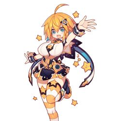 Rule 34 | 1girl, ahoge, aqua eyes, blonde hair, boots, breasts, large breasts, leg lift, looking at viewer, mamuru, open mouth, outstretched arm, outstretched hand, short hair, skirt, sleeveless, solo, star (symbol), striped clothes, striped legwear, striped thighhighs, thighhighs, transparent background, twinkle (uchi no hime-sama ga ichiban kawaii), uchi no hime-sama ga ichiban kawaii, wrist cuffs