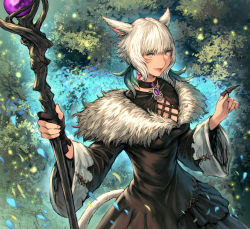 Rule 34 | 1girl, animal ears, black choker, black dress, black gloves, brooch, cat ears, cat girl, cat tail, choker, claw ring, cleavage cutout, clothing cutout, dark-skinned female, dark skin, diamond-shaped pupils, diamond (shape), dress, falling petals, feather hair ornament, feathers, final fantasy, final fantasy xiv, from side, fur-trimmed dress, fur trim, gem, gloves, grey eyes, grey hair, hair ornament, hatching (texture), highres, holding, holding staff, index finger raised, jewelry, leaf, looking at viewer, makimura shunsuke, miqo&#039;te, motion blur, neck tattoo, outdoors, partially fingerless gloves, petals, purple gemstone, short hair, single glove, smile, solo, staff, standing, symbol-shaped pupils, tail, tattoo, upper body, wide sleeves, y&#039;shtola rhul