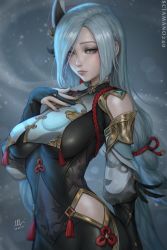 Rule 34 | 1girl, armor, bare shoulders, bodystocking, bodysuit, braid, breast curtain, breasts, clothing cutout, commentary, english commentary, genshin impact, grey eyes, hair ornament, hand on own chest, highres, large breasts, lips, low-braided long hair, low-tied long hair, makeup, mascara, nail polish, navel, parted bangs, sciamano240, shenhe (genshin impact), shoulder armor, sideboob, silver hair, skin tight, solo, thigh cutout, underboob
