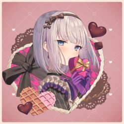 Rule 34 | 1girl, black ribbon, blue eyes, blunt bangs, bob cut, box, candle no kaori wa omoide to tomo ni (project sekai), candy, chocolate, chocolate heart, closed mouth, commentary, earrings, food, gloves, gold ribbon, grey hair, hands up, heart, heart-shaped box, highres, holding, jewelry, looking at viewer, lushuao, official alternate costume, official alternate hair length, official alternate hairstyle, project sekai, purple gloves, ribbon, short hair, solo, yoisaki kanade