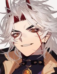 Rule 34 | 1boy, arataki itto, bad id, bad twitter id, bishounen, choker, collar, ear piercing, genshin impact, highres, horns, male focus, oni, oni horns, pale skin, piercing, portrait, red eyes, red horns, short hair, smile, solo, spiked collar, spikes, t3oekkyu9, tattoo, upper body, vision (genshin impact), white hair