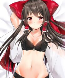 Rule 34 | 1girl, bed, black bra, black panties, blush, bow, bra, breasts, brown hair, collarbone, detached sleeves, expressionless, from above, hair bow, hair tubes, hakurei reimu, hands up, lingerie, long hair, looking at viewer, lying, medium breasts, navel, on back, on bed, panties, red bow, red eyes, sakumin, solo, stomach, touhou, underwear, underwear only, upper body