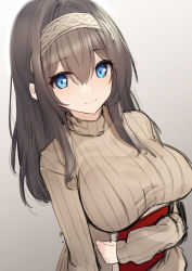 Rule 34 | absurdres, aqua eyes, black hair, book, breasts, dutch angle, hair between eyes, hairband, highres, holding, holding book, idolmaster, idolmaster cinderella girls, large breasts, looking at viewer, megurumiru, ribbed sweater, sagisawa fumika, sketch, smile, solo, straight hair, striped clothes, striped sweater, sweater, upper body