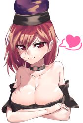 Rule 34 | 1girl, asuzemu, bare shoulders, black shirt, breasts, cleavage, collar, collarbone, crossed arms, heart, hecatia lapislazuli, large breasts, long hair, looking at viewer, no bra, off-shoulder shirt, off shoulder, red eyes, red hair, shirt, simple background, sketch, smile, solo, t-shirt, touhou, upper body, white background