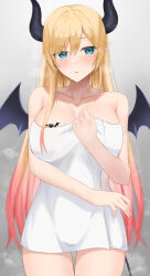 Rule 34 | 1girl, absurdres, after bathing, blonde hair, blue eyes, blush, breast tattoo, breasts, cleavage, collarbone, commentary request, cowboy shot, demon girl, demon horns, demon tail, demon wings, gradient hair, highres, hololive, horns, large breasts, long hair, looking at viewer, multicolored hair, multiple girls, naked towel, onemuikun-b, pink hair, pointy ears, solo, standing, tail, tattoo, towel, virtual youtuber, wet, wings, yuzuki choco