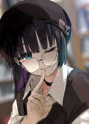 Rule 34 | 1girl, black choker, black hair, black headwear, black sweater vest, blurry, blurry background, blush, bocchi the rock!, chin piercing, choker, collared shirt, colored inner hair, commentary request, earclip, earrings, finger to mouth, funi mu9, glasses, green eyes, highres, jewelry, long hair, looking at viewer, multicolored hair, one eye closed, pa-san, purple hair, shirt, solo, sweater vest, upper body, white shirt