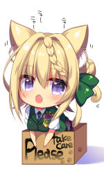 Rule 34 | 1girl, animal ears, blonde hair, blouse, blue necktie, blush, box, braid, braided bangs, braided bun, buttons, cat ears, cat tail, commentary request, english text, fang, for adoption, green vest, hair between eyes, hair bun, in box, in container, kantai collection, kemonomimi mode, motion lines, necktie, open mouth, perth (kancolle), plaid, plaid skirt, purple eyes, ringo sui, shirt, short hair, short sleeves, simple background, single hair bun, skirt, solo, tail, vest, white background, white shirt