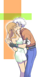 Rule 34 | 1boy, 1girl, ahoge, bare arms, bare legs, bare shoulders, belt, black gloves, blue pants, blush, breasts, brown hair, cidre, coat, couple, closed eyes, fingerless gloves, gloves, hetero, holding another&#039;s wrist, jet enduro, kiss, leaning, leaning back, leaning forward, legs, long hair, naked towel, neck, pants, short hair, spiked hair, standing, towel, virginia maxwell, white hair, wild arms, wild arms 3