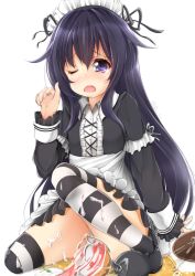 Rule 34 | 1girl, akatsuki (kancolle), alternate costume, black dress, black footwear, blush, commentary request, dress, enmaided, hair between eyes, hand up, highres, kantai collection, long hair, long sleeves, maid, maid headdress, maru shion, nose blush, one eye closed, open mouth, purple eyes, purple hair, shoes, simple background, solo, spill, striped clothes, striped thighhighs, suggestive fluid, tears, teeth, thighhighs, tray, upper teeth only, very long hair, white background