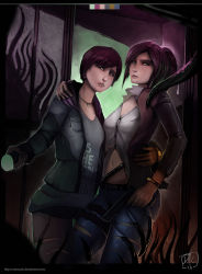 Rule 34 | 2girls, capcom, catcouch, claire redfield, flashlight, gun, handgun, hood, hoodie, jacket, jewelry, moira burton, multiple girls, navel, necklace, pants, red hair, resident evil, resident evil: revelations 2, stomach, tentacles, torn clothes, torn pants, weapon