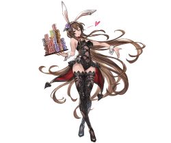 Rule 34 | 1girl, animal ears, bare shoulders, breasts, brown hair, crossed legs, detached collar, fake animal ears, flower, full body, granblue fantasy, hair flower, hair ornament, heart, holding, large breasts, leotard, long hair, looking at viewer, minaba hideo, official alternate costume, official art, one eye closed, poker chip, rabbit ears, rabbit tail, rosetta (all her jazz) (granblue fantasy), rosetta (granblue fantasy), smile, solo, tail, thighhighs, transparent background, very long hair, wink, wrist cuffs