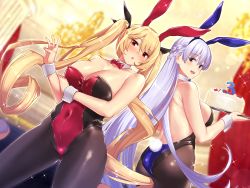 Rule 34 | 2girls, animal ears, ass, azur lane, bare shoulders, batsu, blonde hair, blush, bow, bowtie, braid, breasts, cake, cleavage, collarbone, covered navel, detached collar, fake animal ears, fake tail, food, hair ribbon, highres, holding, holding tray, large breasts, leotard, long hair, looking at viewer, multiple girls, nelson (azur lane), open mouth, pantyhose, playboy bunny, rabbit ears, rabbit tail, red eyes, ribbon, rodney (azur lane), silver hair, smile, strapless, strapless leotard, tail, tray, twintails, two-tone leotard, very long hair, wrist cuffs