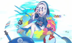 Rule 34 | 1girl, @ @, absurdres, alphabet blocks, animal hood, ball, barefoot, beachball, bloop (gawr gura), blue eyes, blue hair, blue hoodie, blunt bangs, blush, breasts, bubba (watson amelia), commentary, death-sensei (mori calliope), drinking, fins, fish tail, full body, gawr gura, googly eyes, hair ornament, halo, highres, holding, holding weapon, hololive, hololive english, hood, hoodie, huge filesize, innertube, long hair, looking at viewer, multicolored hair, open mouth, polearm, shark hair ornament, shark hood, shark tail, sharp teeth, short twintails, silver hair, small breasts, smile, soda bottle, solo, streaked hair, swim ring, symbol-only commentary, syringe, tail, takodachi (ninomae ina&#039;nis), teeth, tentacles, trident, twintails, two-tone hair, two side up, v, virtual youtuber, water, weapon, zanyak