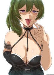 Rule 34 | 1girl, absurdres, armlet, belt, between breasts, black belt, black dress, black gloves, breasts, cleavage, collarbone, commentary, dress, elbow gloves, fellatio gesture, gloves, green hair, hair between eyes, halterneck, highres, large breasts, long hair, looking at viewer, medium breasts, micchan (micchanmeido), naughty face, open mouth, purple eyes, saliva, sexually suggestive, side ponytail, simple background, single elbow glove, single glove, solo, sousou no frieren, tongue, tongue out, ubel (sousou no frieren), white background