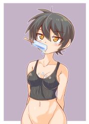 Rule 34 | 1girl, bare shoulders, black hair, black shirt, blonde hair, blush, bottomless, breasts, cleavage, collarbone, cougar (cougar1404), dripping, food, food in mouth, groin, nari (cougar1404), navel, original, out-of-frame censoring, popsicle, purple background, sexually suggestive, shirt, short hair, small breasts, solo, tank top, wide hips, yellow eyes