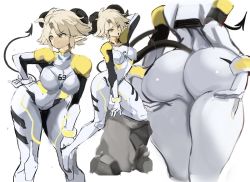 Rule 34 | 1girl, arm up, ass, ass support, blonde hair, breasts, curled horns, demon tail, forehead, from behind, full body, goat girl, goat horns, hand on hip, hand on own knee, highres, horns, large breasts, leaning forward, looking to the side, multiple views, open mouth, original, plugsuit, pointy ears, rakeemspoon, simple background, solo, susan (rakeemspoon), tail, thighs, white background, yellow eyes