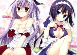 Rule 34 | 2girls, bare legs, baroque night, black hair, blush, braid, breast hold, breasts, brown eyes, cleavage, clothes pull, cowboy shot, dress, dress pull, floral background, frown, hairband, hayaka, highres, knee up, kyoko (baroque night), long hair, looking at viewer, maid, maid headdress, moribe (rabumanyo), multiple girls, no bra, off shoulder, open clothes, open dress, open shirt, pulling own clothes, purple eyes, purple hair, shirt, short hair, single braid, sitting, tareme, twin braids, very long hair