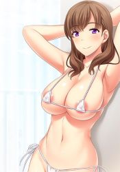 Rule 34 | 1girl, areola slip, armpits, arms behind head, arms up, bad id, bad pixiv id, bikini, blush, breasts, brown hair, cleavage, closed mouth, collarbone, cowboy shot, large areolae, large breasts, long hair, looking at viewer, micro bikini, navel, nosa, original, purple eyes, smile, solo, swimsuit, white bikini