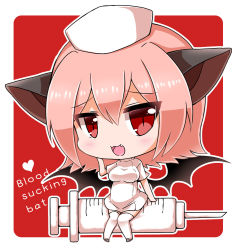 Rule 34 | 1girl, :3, :d, animal ears, bad id, bad pixiv id, bat ears, bat wings, black wings, blush, breasts, chibi, commentary request, dress, fang, hair between eyes, hat, heart, looking at viewer, medium breasts, noai nioshi, nurse, open mouth, original, personification, pink hair, red eyes, short sleeves, sidelocks, sitting, smile, solo, syringe, thighhighs, white dress, white footwear, white hat, white thighhighs, wings