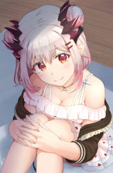 Rule 34 | 1girl, nanashi inc., bare shoulders, basa rutan, black jacket, blush, breasts, cleavage, closed mouth, collarbone, commentary request, double bun, dress, feet out of frame, frilled jacket, frills, grey hair, hair between eyes, hair bun, hair ornament, hairclip, head tilt, highres, honey strap, interlocked fingers, jacket, knees up, long sleeves, looking at viewer, medium breasts, multicolored hair, off-shoulder dress, off shoulder, open clothes, open jacket, pink dress, pink hair, pointy ears, red eyes, sitting, smile, solo, streaked hair, suou patra, tail, virtual youtuber, wooden floor