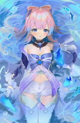 Rule 34 | 1girl, bare shoulders, blunt bangs, blush, bow, bowtie, breasts, cleavage, detached collar, fish, frilled sleeves, frills, genshin impact, gloves, highres, looking at viewer, lying, navel, on back, partially submerged, pink hair, sangonomiya kokomi, short shorts, shorts, smile, solo, thighhighs, tsukise miwa, water, white gloves, white shorts