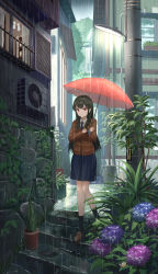 Rule 34 | 1girl, air conditioner, alley, bad id, bad pixiv id, black hair, cardigan, city, cloud, cloudy sky, collared shirt, flower, highres, holding, holding umbrella, hydrangea, lamppost, loafers, long hair, long sleeves, looking at viewer, necktie, original, outdoors, parted lips, plant, potted plant, puddle, rain, red eyes, school uniform, shirt, shoes, sky, socks, solo, soumura, stairs, striped necktie, teruterubouzu, umbrella, very long hair, vines, walking, window
