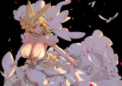 Rule 34 | 1girl, absurdres, alternate breast size, alternate costume, animal, animal ear fluff, animal ears, bare shoulders, bird, black background, blonde hair, boy (pixiv17542438), breasts, bridal gauntlets, bridal veil, bride, brown hair, closed mouth, dove, dress, flower, hair flower, hair ornament, highres, huge breasts, jewelry, kemono friends, light smile, long dress, looking to the side, medium hair, multicolored hair, necklace, aged up, outstretched arms, petals, serval (kemono friends), simple background, solo focus, strapless, strapless dress, two-tone hair, veil, wedding dress, white dress, yellow eyes