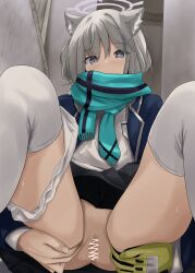 Rule 34 | 1girl, absurdres, animal ears, black skirt, blue archive, blue eyes, blue necktie, blue scarf, censored, disuto, grey hair, hair ornament, hairclip, halo, highres, looking at viewer, medium hair, necktie, panties, panties around leg, pubic hair, pussy, scarf, scribble censor, shiroko (blue archive), shirt, skirt, socks, solo, spread pussy, thighhighs, thighs, underwear, white panties, white shirt, white socks
