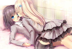 Rule 34 | 2girls, :o, black hair, black legwear, blonde hair, blue eyes, blush, candy, chocolate, chocolate heart, closed eyes, food, food in mouth, girl on top, hair ornament, hairpin, heart, heart-shaped pupils, highres, layered skirt, long hair, lying, miniskirt, missile228, mouth hold, multiple girls, on back, open mouth, original, school uniform, skirt, spread legs, symbol-shaped pupils, thighhighs, valentine, yuri, zettai ryouiki