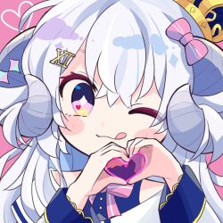 Rule 34 | 1girl, blush stickers, bow, crown, curled horns, diamond-shaped pupils, diamond (shape), eyelashes, hair between eyes, heart, heart hands, heart in eye, highres, horns, hoshikage lapis, indie virtual youtuber, long hair, long sleeves, mini crown, nikoru, number hair ornament, one eye closed, pink bow, roman numeral, symbol-shaped pupils, symbol in eye, tongue, tongue out, upper body, virtual youtuber, white hair