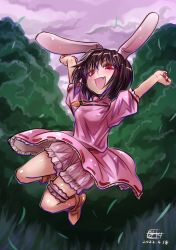 Rule 34 | 1girl, absurdres, animal ears, arms up, blush, breasts, brown footwear, carrot necklace, cloud, commentary request, dated, dress, falling leaves, floppy ears, frilled sleeves, frills, full body, grass, hair between eyes, highres, inaba tewi, jewelry, jumping, leaf, looking at viewer, necklace, open mouth, outdoors, pink dress, pink sky, puffy short sleeves, puffy sleeves, rabbit ears, rabbit girl, red eyes, ribbon-trimmed dress, shoes, short hair, short sleeves, sky, small breasts, smile, solo, thigh strap, touhou, tree, yuuki hiyayako