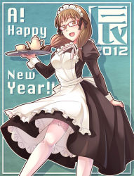 Rule 34 | 10s, 1girl, 2012, apron, brown eyes, brown hair, e20, garter straps, glasses, holding, lace, lace-trimmed legwear, lace trim, maid, maid apron, maid headdress, new year, open mouth, red-framed eyewear, solo, soredemo machi wa mawatteiru, tatsuno toshiko, thighhighs, tray, twintails, white thighhighs, wrist cuffs