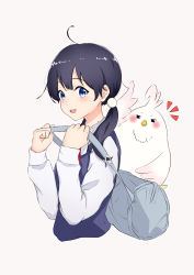 Rule 34 | 1girl, absurdres, ahoge, bag, bird, black hair, blouse, blue eyes, blue sweater vest, commentary request, dera mochimazzui, grey bag, hair ornament, hands up, highres, kitashirakawa tamako, light blush, long hair, long sleeves, looking at viewer, low twintails, mole, mole on neck, nishizuki shino, notice lines, open mouth, shirt, simple background, smile, sweater vest, tamako market, teeth, twintails, upper body, upper teeth only, white background, white shirt