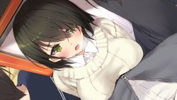 Rule 34 | 1girl, black hair, blush, breast press, breasts, embarrassed, from above, game cg, green eyes, heavy breathing, highres, large breasts, looking at viewer, mole, mole under eye, nose, open mouth, original, pov, school uniform, short hair, shy, solo focus, sweater, tsurusaki takahiro, upper body, white sweater, zutto mae kara joshi deshita
