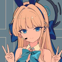 Rule 34 | 1girl, absurdres, animal ears, aqua bow, aqua bowtie, black halo, blonde hair, blue archive, blue bow, blue eyes, blue hairband, blue halo, blue leotard, bow, bowtie, chinese commentary, collar, commentary request, detached collar, double v, earpiece, fake animal ears, hair bow, hairband, halo, highres, leotard, long hair, looking at viewer, mechanical halo, nanxiacheng1, official alternate costume, playboy bunny, rabbit ears, smile, solo, strapless, strapless leotard, toki (blue archive), toki (bunny) (blue archive), upper body, v, white collar