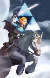 Rule 34 | 1girl, artist name, black cape, black pants, blonde hair, blue eyes, boots, braid, bridle, cape, crest, hair ornament, hairclip, holding, holding sword, holding weapon, horse, horseback riding, long sleeves, master sword, nintendo, outdoors, pants, pointy ears, princess zelda, riding, saddle, shattered earth, sidelocks, solo, stirrups (riding), sword, the legend of zelda, the legend of zelda: breath of the wild, triforce, watermark, weapon, white horse