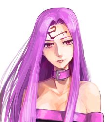 Rule 34 | 1girl, dress, facial mark, fate/grand order, fate/stay night, fate (series), forehead, forehead mark, hakohako-does, highres, lips, medusa (fate), medusa (rider) (fate), off-shoulder dress, off shoulder, purple eyes, purple hair, simple background, solo, square pupils, white background