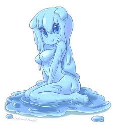 Rule 34 | 1girl, barefoot, blue eyes, blue slime, blue theme, breasts, closed mouth, cslucaris, full body, kneeling, looking at viewer, medium breasts, monster girl, original, simple background, sitting, slime girl, smile, solo, wariza, white background