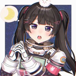 Rule 34 | 1girl, :o, armband, black hair, blue background, blush, border, commentary, crescent, hair ornament, hair tie, hands up, long hair, looking at viewer, nijisanji, official alternate costume, open mouth, own hands together, purple eyes, screen, sky, solo, spacesuit, star (sky), starry sky, thought bubble, triangle hair ornament, tsukino mito, tsukino mito (16th costume), twintails, u (yo649 t), upper body, virtual youtuber, white border, x hair ornament