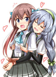 Rule 34 | ^^^, 10s, 2girls, :d, aikawa ryou, arm warmers, asagumo (kancolle), ascot, blue eyes, blush, bondage, bound, bound wrists, braid, grabbing another&#039;s breast, brown hair, cowboy shot, closed eyes, flat chest, flat chest grab, grabbing, hairband, heart, kantai collection, long hair, multiple girls, open mouth, pleated skirt, restrained, school uniform, short sleeves, silver hair, skirt, smile, surprised, suspenders, twin braids, two side up, very long hair, wavy mouth, yamagumo (kancolle), yuri