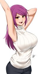 Rule 34 | 1girl, :d, absurdres, airisubaka, arm behind head, armpits, arms up, artist name, bare arms, breasts, brown eyes, commentary, cowboy shot, eyes visible through hair, highres, large breasts, leah (airisubaka), long hair, looking at viewer, open mouth, original, purple hair, ribbed sweater, signature, simple background, sleeveless, sleeveless turtleneck, smile, solo, sweater, symbol-only commentary, turtleneck, turtleneck sweater, white background, white sweater