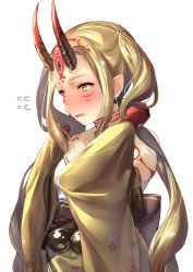 Rule 34 | 1girl, bad id, bad pixiv id, bare shoulders, blonde hair, blush, embarrassed, fang, fate/grand order, fate (series), half-closed eyes, horns, ibaraki douji (fate), japanese clothes, juurouta, kimono, long hair, monster girl, oni, simple background, solo, tattoo, white background