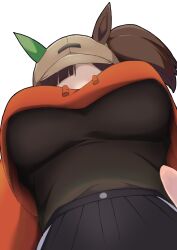 1girl animal_ears baseball_cap black_shirt black_skirt breasts brown_hair brown_hat commentary_request dhisuki ear_covers from_below hat highres hood hoodie horse_ears horse_girl ines_fujin_(umamusume) large_breasts medium_hair official_alternate_costume orange_hoodie ponytail shirt simple_background single_ear_cover skirt solo umamusume white_background