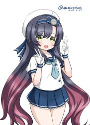 Rule 34 | 1girl, adapted costume, black hair, blue neckerchief, blue ribbon, blue sailor collar, blue skirt, commentary request, cowboy shot, double v, gloves, gradient hair, green eyes, hat, kantai collection, long hair, masara (chuujou), matsuwa (kancolle), multicolored hair, neckerchief, one-hour drawing challenge, pleated skirt, puffy short sleeves, puffy sleeves, purple hair, ribbon, sailor collar, sailor hat, school uniform, serafuku, short sleeves, skirt, smile, solo, v, white gloves, white hat