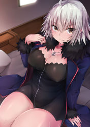 Rule 34 | 1girl, absurdres, ahoge, black dress, black jacket, black panties, breasts, coat, dress, fate/grand order, fate (series), fur-trimmed coat, fur-trimmed jacket, fur-trimmed sleeves, fur trim, highres, jacket, jeanne d&#039;arc (fate), jeanne d&#039;arc alter (fate), jeanne d&#039;arc alter (ver. shinjuku 1999) (fate), jewelry, large breasts, muyoshito, necklace, official alternate costume, on bed, open clothes, open coat, open jacket, panties, pantyshot, pillow, short dress, short hair, silver hair, sitting, solo, sweat, underwear, wicked dragon witch ver. shinjuku 1999, yellow eyes, yoshito (muyoshito207)