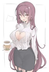 Rule 34 | 1girl, :d, absurdres, arm behind back, bespectacled, black skirt, black thighhighs, blush, breasts, cleavage, cleavage cutout, clothing cutout, commentary, cowboy shot, cup, disposable cup, earrings, fate/grand order, fate (series), garter straps, glasses, hair between eyes, heart cutout, highres, holding, holding cup, jewelry, k pring, large breasts, long hair, long sleeves, looking at viewer, no bra, open mouth, pencil skirt, purple eyes, purple hair, scathach (fate), shirt, sidelocks, skirt, smile, solo, thighhighs, unfinished, white background, white shirt, zettai ryouiki