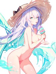 Rule 34 | 1girl, :p, aqua eyes, blue hair, breasts, brown hat, completely nude, cowboy shot, food, hair between eyes, hat, highres, ice cream, looking at viewer, lu (departurelu), medium breasts, nude, original, simple background, solo, standing, straw hat, swimsuit, tongue, tongue out, white background